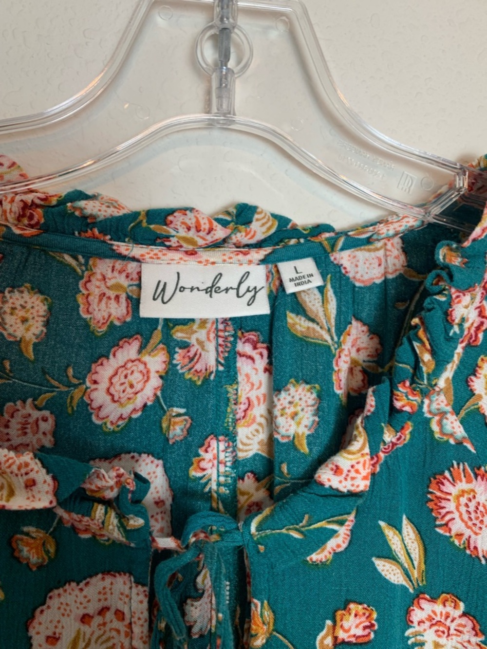 Wonderly Teal Floral Long-Sleeve Ruffle Peasant Blouse Large Rayon  Lightweight - Picture 2 of 8